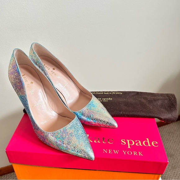Kate Spade NWOB Larissa Blue Swirl Iridescent Crackle Genuine Leather 4”Heels 5M - Picture 12 of 15